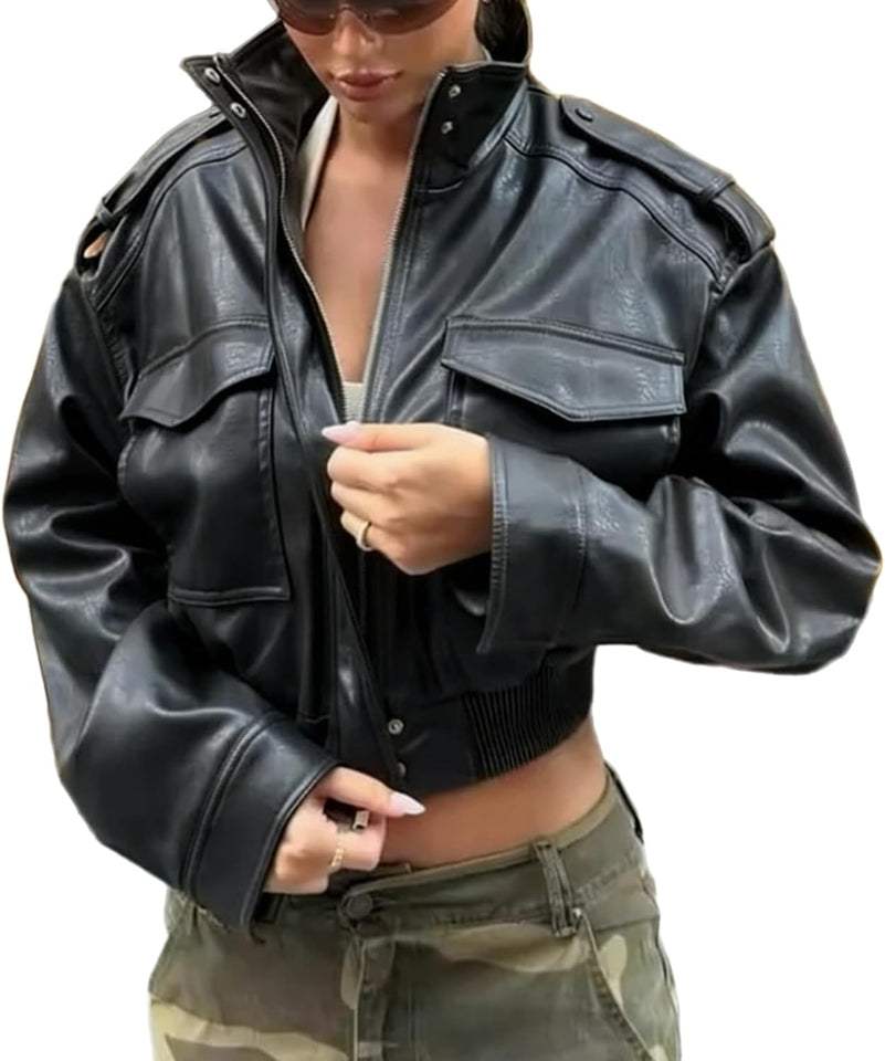 Women's olive green cropped faux leather jacket