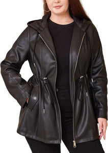 Women's hooded faux leather moto coat