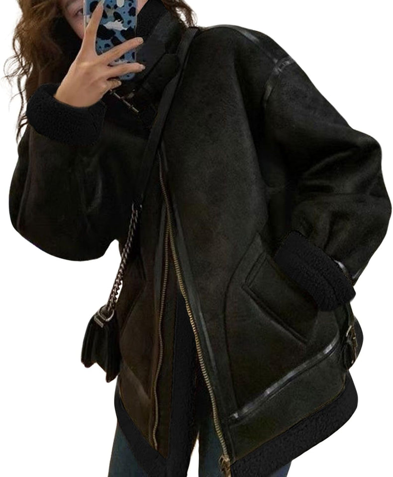 Women's sherpa fleece leather jacket