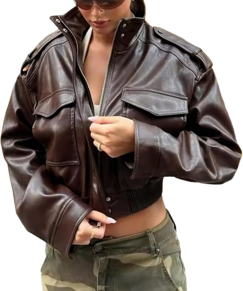 Women's olive green cropped faux leather jacket