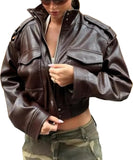 Women's olive green cropped faux leather jacket
