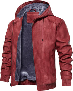Men's hooded faux leather bomber jacket