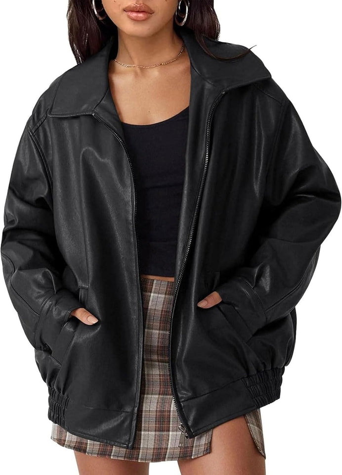 Women's cropped faux leather bomber jacket