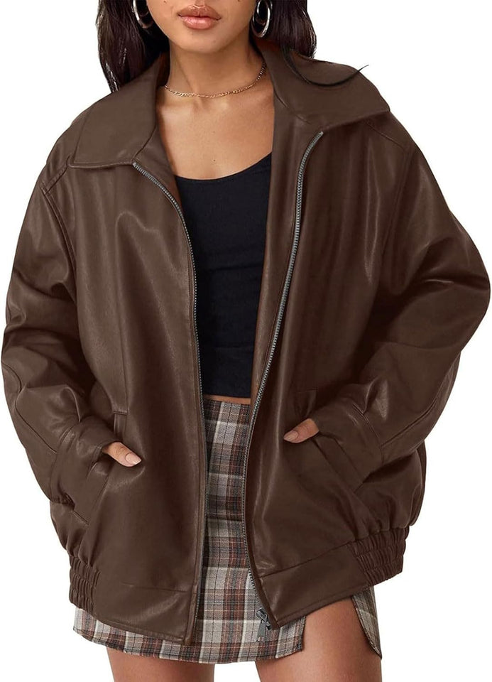 Women's cropped faux leather bomber jacket