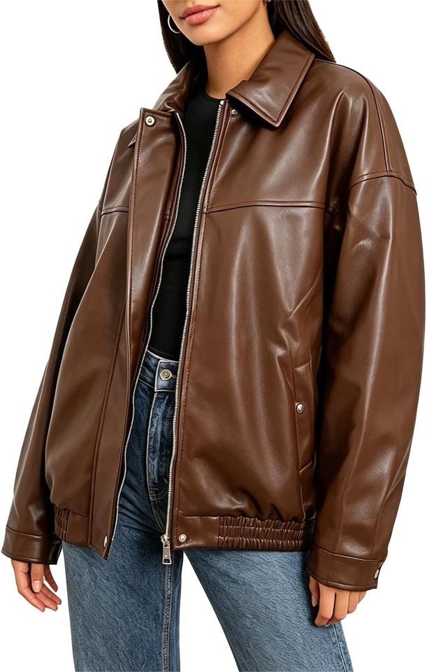 Women's oversized moto leather coat
