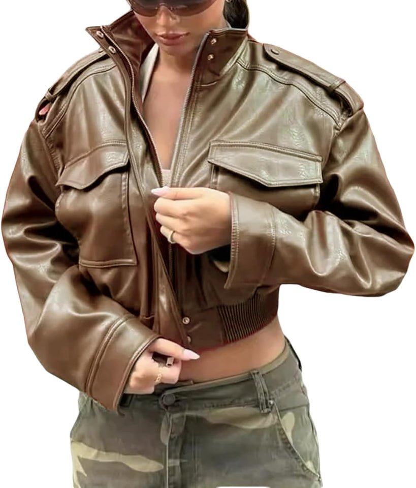 Women's olive green cropped faux leather jacket