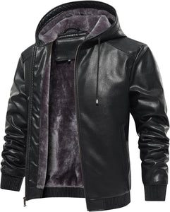 Men's hooded faux leather bomber jacket