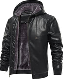 Men's hooded faux leather bomber jacket