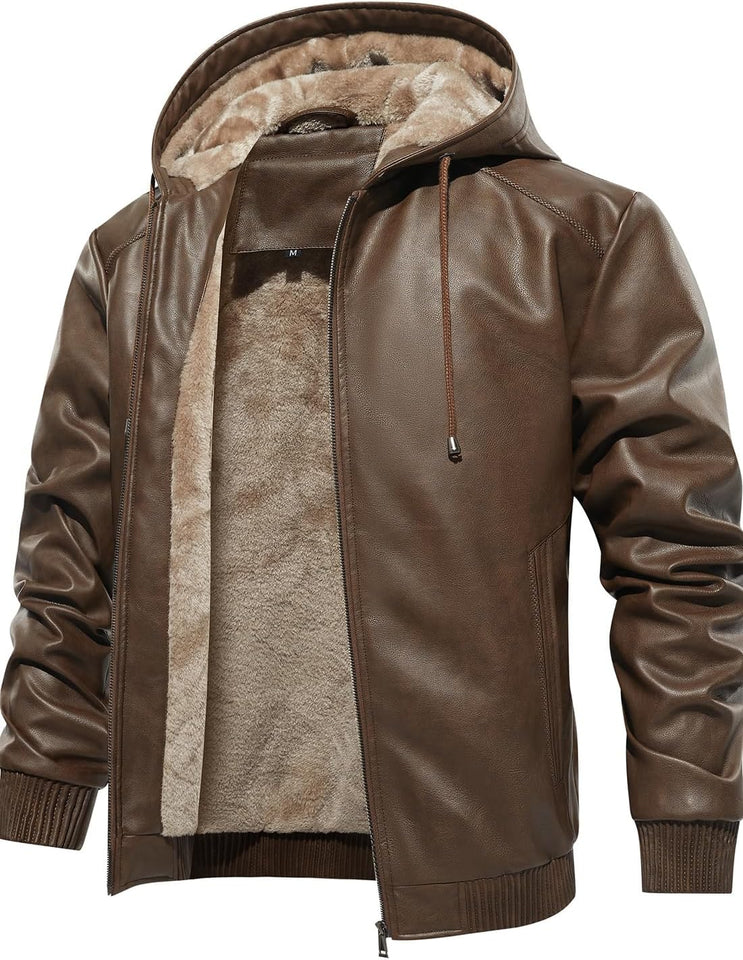 Men's hooded faux leather bomber jacket