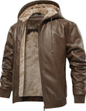 Men's hooded faux leather bomber jacket